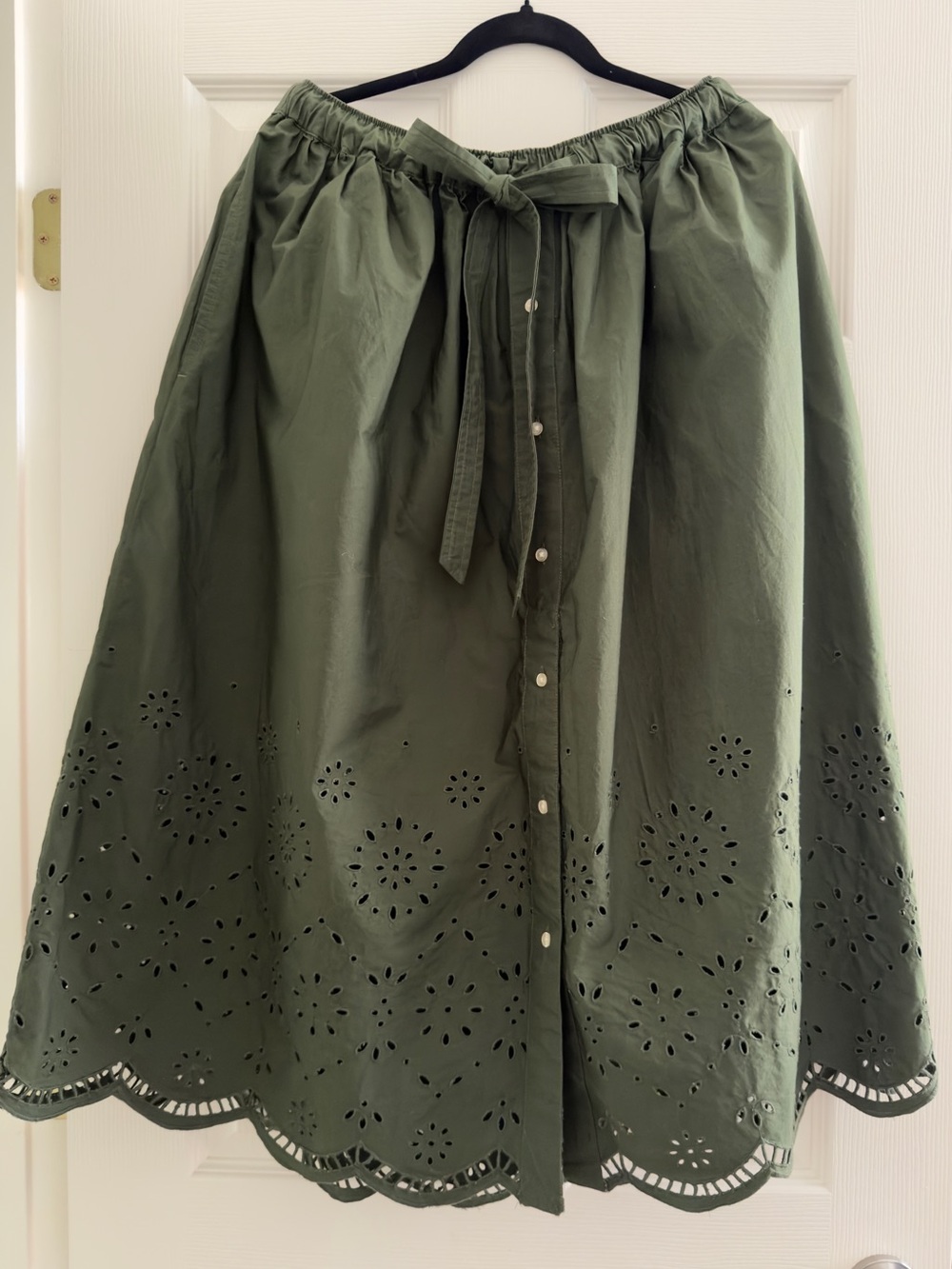 Tie-Waist Olive Eyelet Midi Skirt
